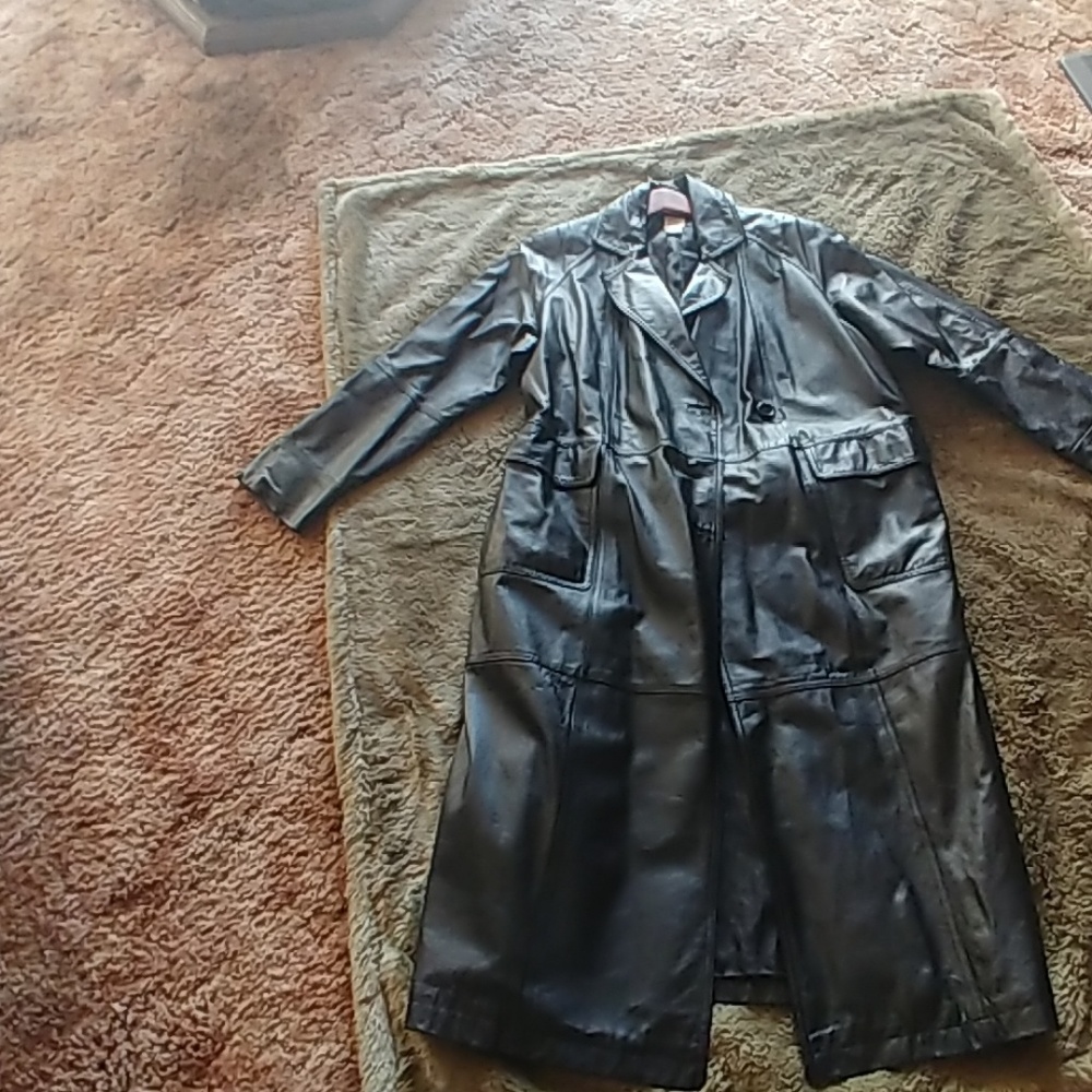 Roaman's black leather/polyester long coat